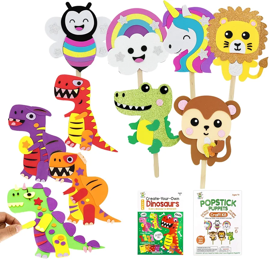 VKPI Foam Craft Bundle Popstick Puppets Craft, Creative Make Your Own Dinosaurs, Animals, Unicorn, EVA Foam Art Crafts Gift Paper Craft Projects