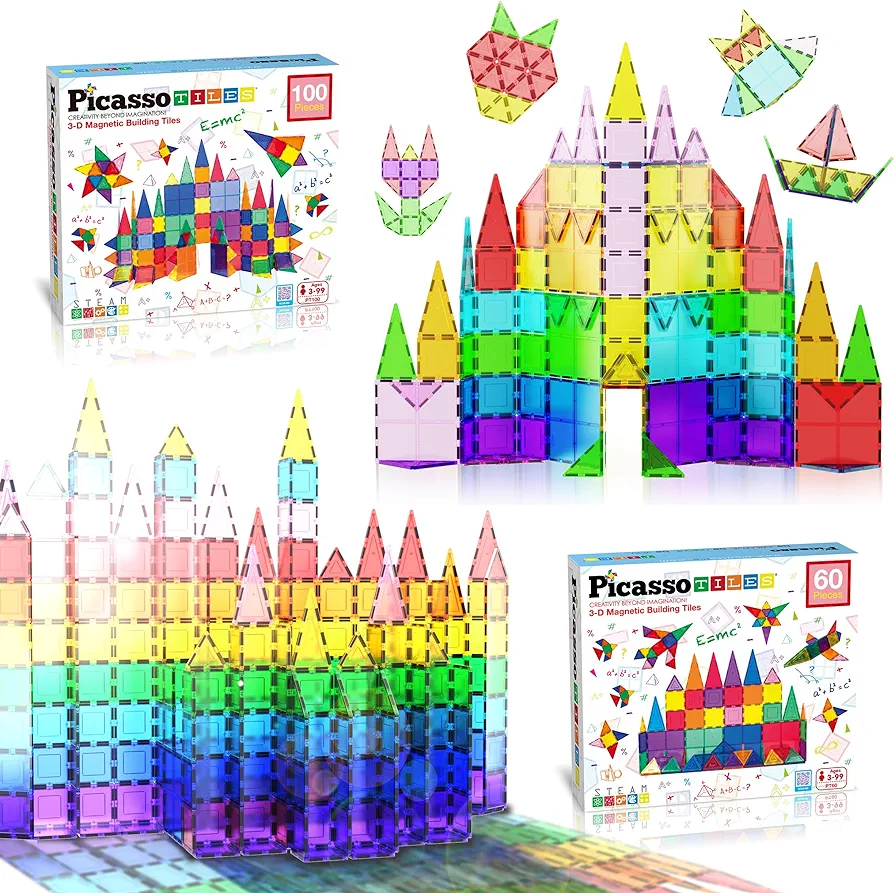 PicassoTiles Mega Building Bundle: 100PC + 60PC Magnet Tiles Construction Blocks Playsets, STEAM Learning & Educational Sensory Playset for Preschool & Kindergarten Kids Ages 3+, A Classroom Must Have