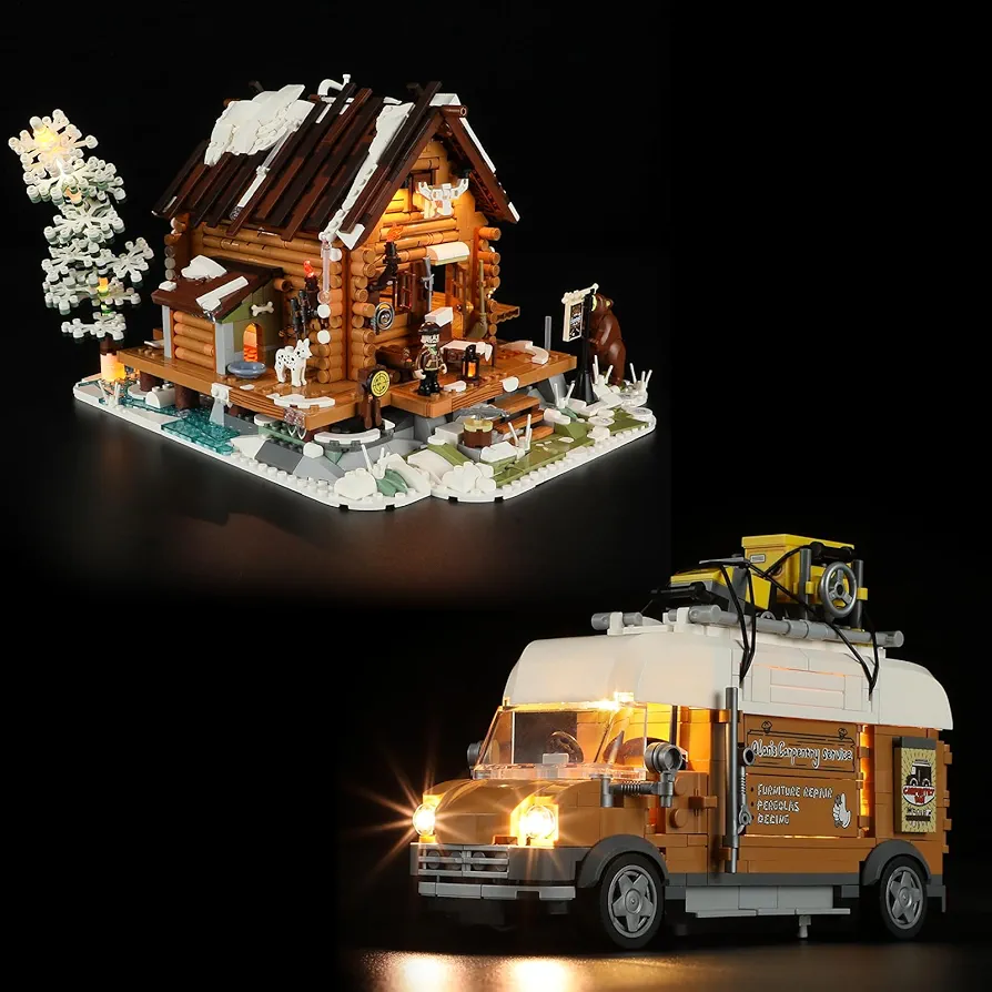 FUNWHOLE Lighting Building Bricks Set Hunting Cabin and Carpentry Van