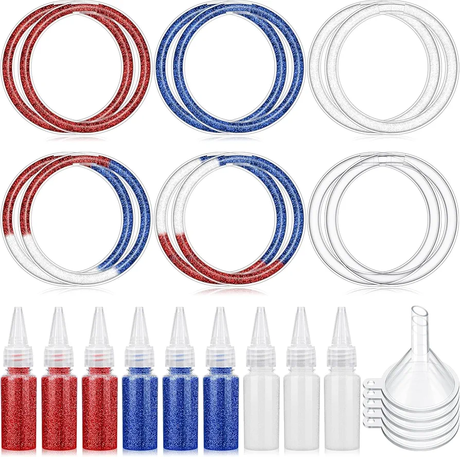 Libima 50 Pcs Sand Art Kits Include 36 Pcs Sand Art Bracelets 9 Bottles Colored Sand 5 Pcs Clear Plastic Small Funnel for Art Crafts Party Favors Supplies(Red White Blue)