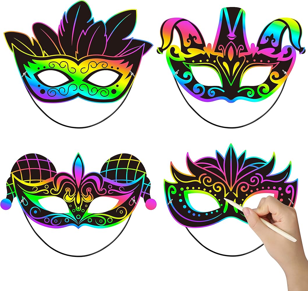 WATINC 24pcs Mardi Gras Halloween Scratch Masks for Kids, Carnival Prom Art Craft Kit, Masquerade Party DIY Magic Color Scratch Paper Mask, Costumes Dress Up Scratch Off Cards Supplies