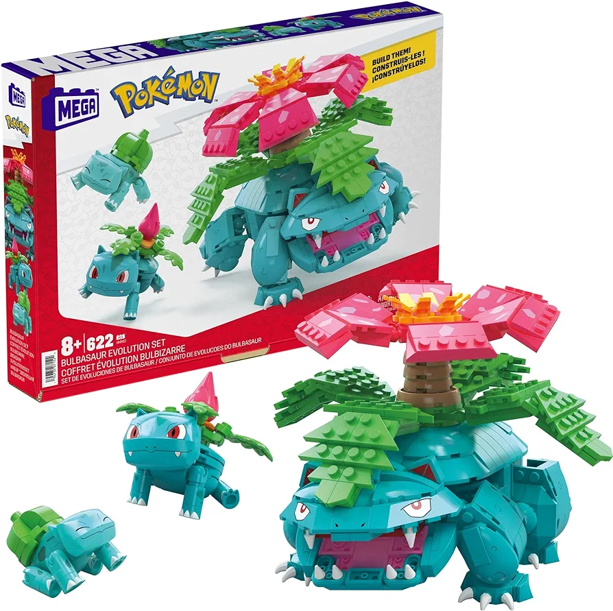 MEGA Pokémon Action Figure Building Toys, Bulbasaur Evolution Set with 622 Pieces, 3 Poseable Characters, Bulbasaur and Venusaur, for Kids