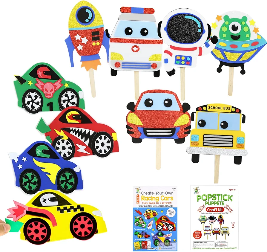 VKPI Foam Craft Bundle Popstick Puppets Craft, Creative Make Your Own Racing Cars, Astronaut, Rocket, Spacecraft, EVA Foam Art Crafts Gift Paper Craft Projects