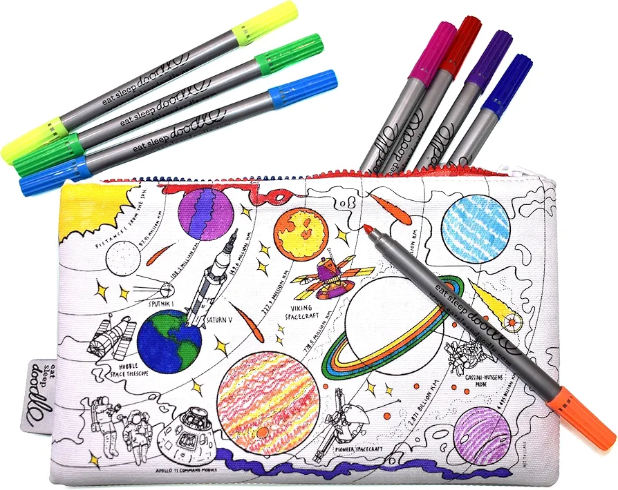 eatsleepdoodle Solar System Pencil Case for Kids w/ 10pk Washable Markers - 8.5x6in Coloring Space Pencil Pouch - Ultra Washable & Reusable Arts and Crafts for Kids