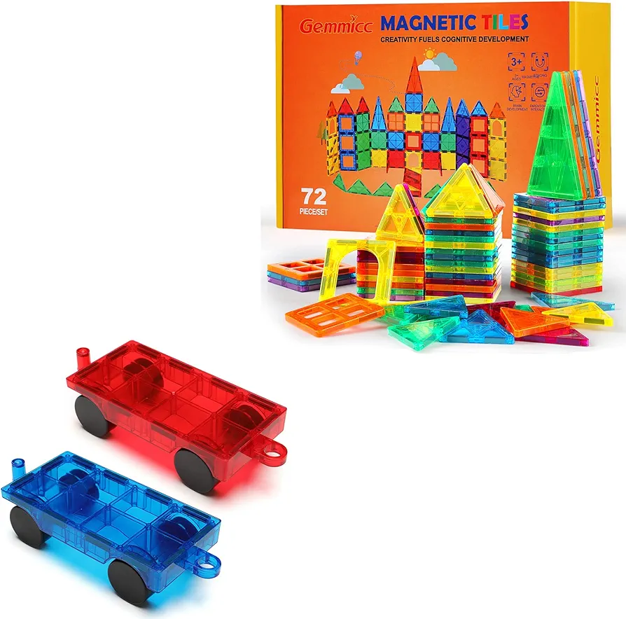 Gemmicc 72PCS Magnetic Tiles Set + 2 Cars