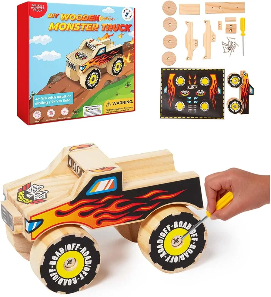 DIY Wooden Kits w/ Stickers - Kids Building Kit - Stem Building Toys - Wood Crafts for Kids - Building Kits for Kids - Woodworking Kits for Kids - Wood Building Kits for ages 4-7 (Monster Truck 1)