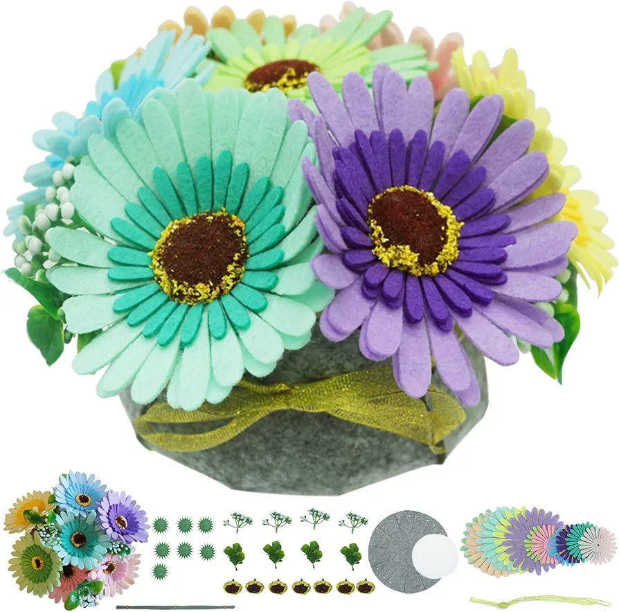 DIY Felt Flower Art Craft Kit, DIY Felt Colorful Sunflowers Bouquet Kit,Floral Gifts,Beginner Craft Kit,Arrange Pre-Cut Felt Flowers and Foliage