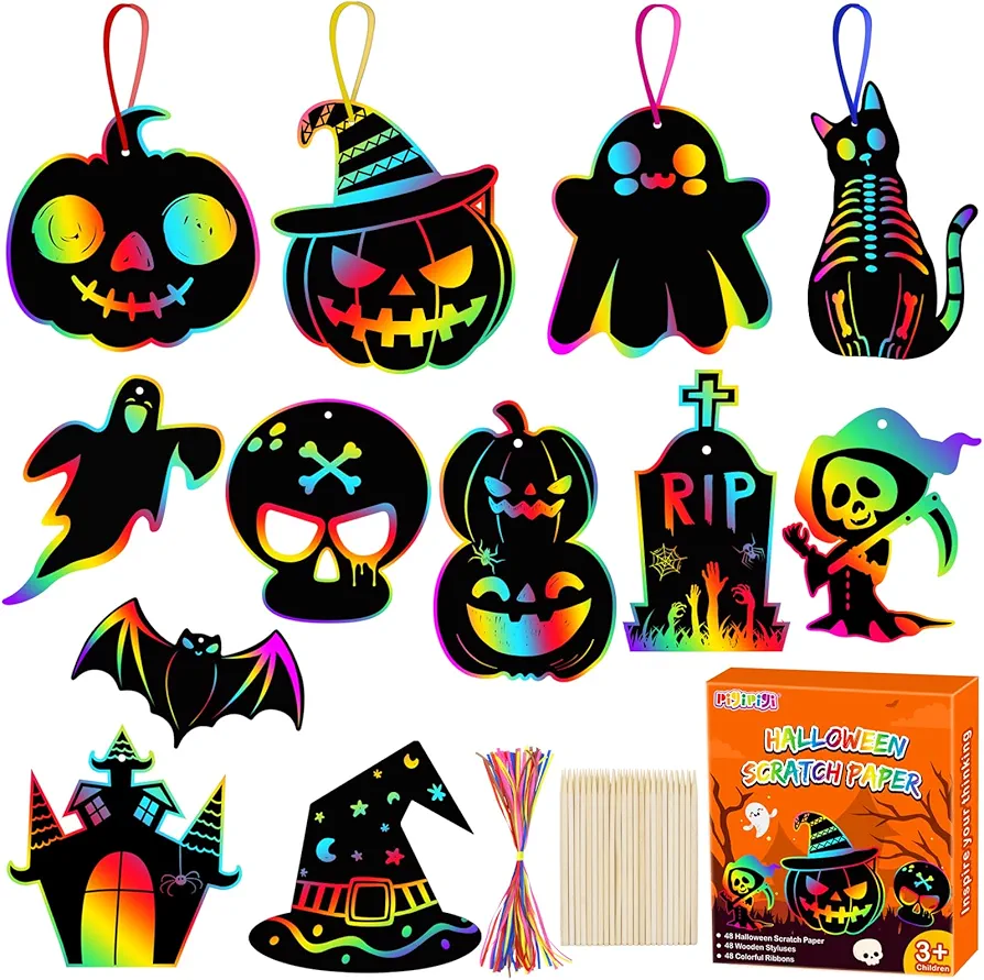 pigipigi Halloween Scratch Paper Kit - 48 Sets Rainbow Art Craft Pumpkin Ornament Magic Colorful Card Party Favor Art Supplies Bulk for Kids Halloween Decoration Toy Classroom DIY Activity Game