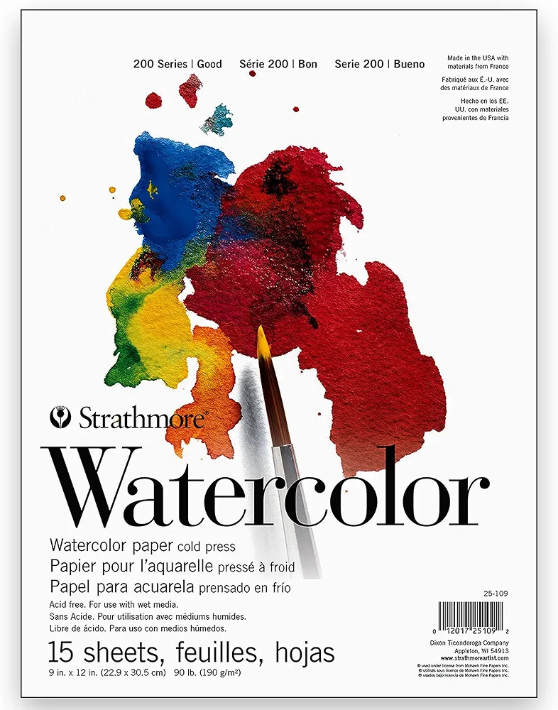 Strathmore 200 Series Watercolor Paper, Tape Bound Pad, 9x12 inches, 15 Sheets (90lb/190g) - Artist Paper for Adults and Students - Watercolors, Mixed Media, Markers and Art Journaling