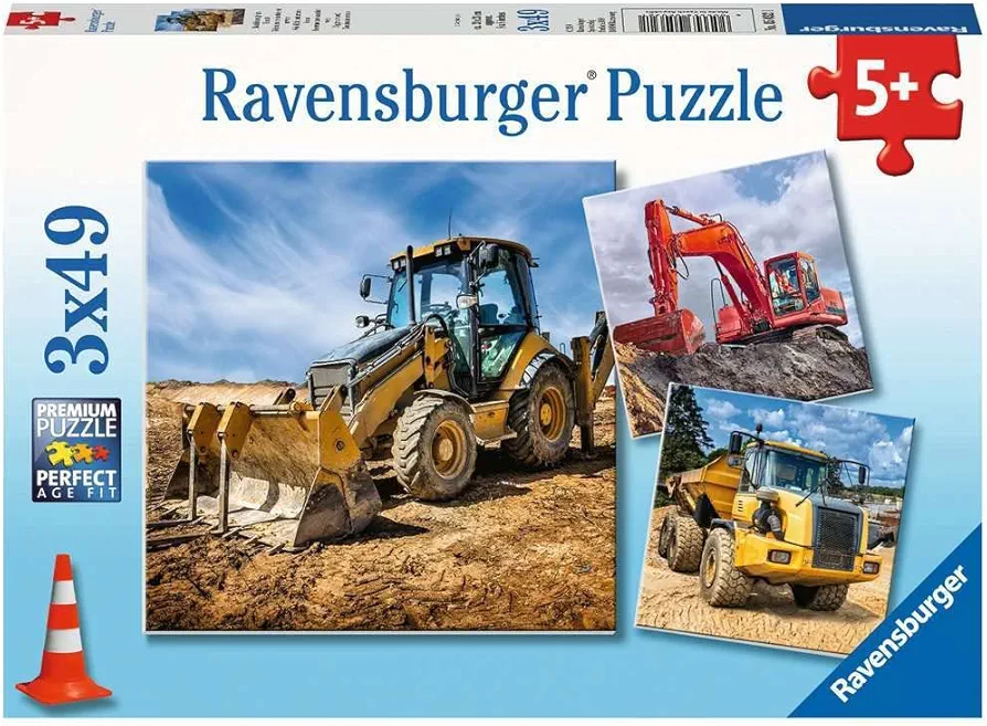 Ravensburger Diggers at Work Puzzle Set - Engaging 3 x 49 Piece Puzzles for Kids | Unique Piece Design Construction | Skill-Building Toy | Perfect for Kids Ages 5 and Up