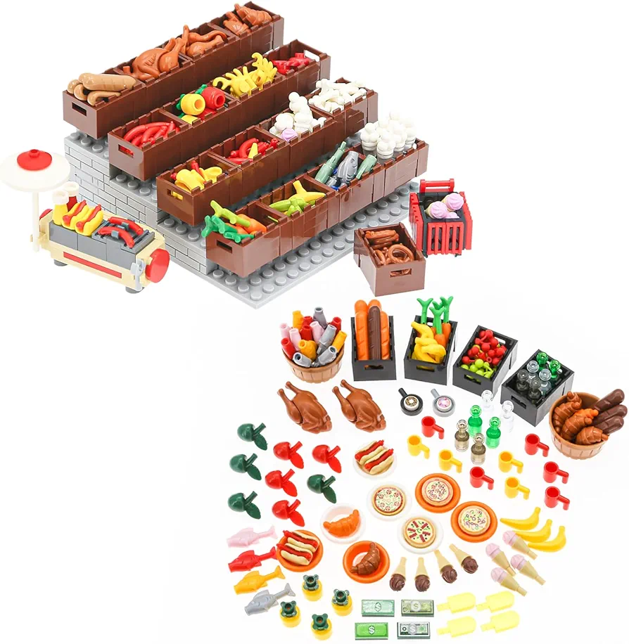 378 Pcs City Food Bricks Set, Picnic Toys Friends Kitchen Fram Restaurant DIY Pieces Parts Ice-Cream-Cupcakes Turkey-Banana-Carrot-Bread Basket Fish