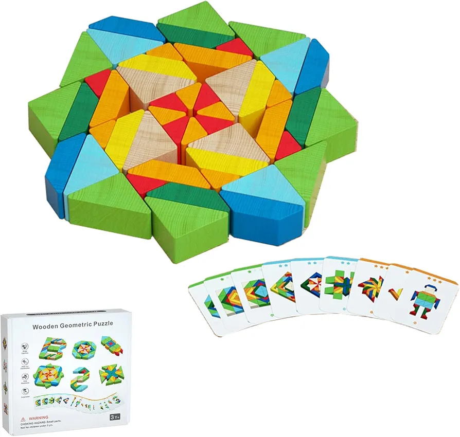 Wooden Pattern Blocks Set Educational Wooden Puzzle Montessori Toys with Design Cards Kids Rainbow Stacking Blocks Kindergarten Toddler Building Toys for Toddlers Babies Age 3-8