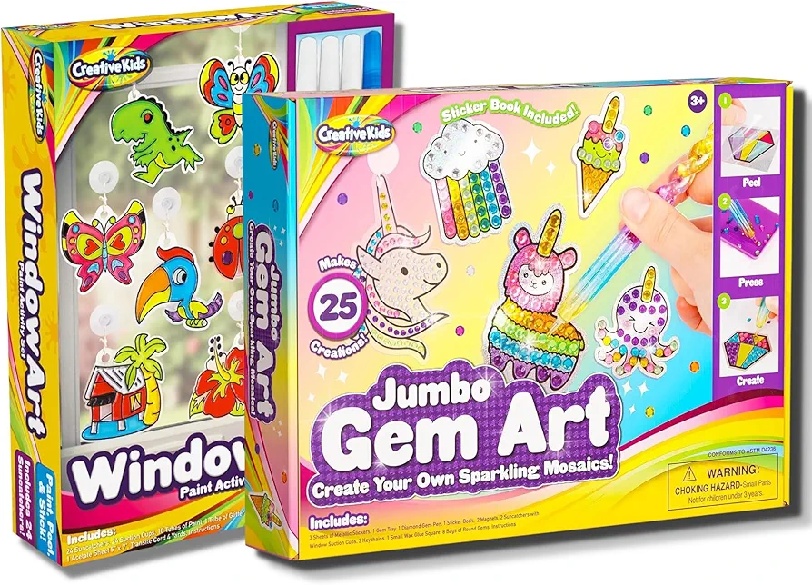 Vivid Creations Bundle: Window Paint & Gem Art Diamond Painting Kit for Kids