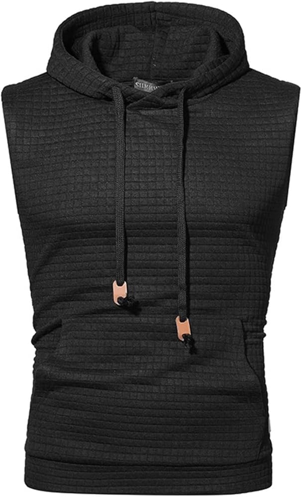 Jinda Men's Workout Top Soft Hoodie Vest Fitted Running Waffle Knit Sleeveless Hooded Tank Summer Pocket Slim Fit Hoodies