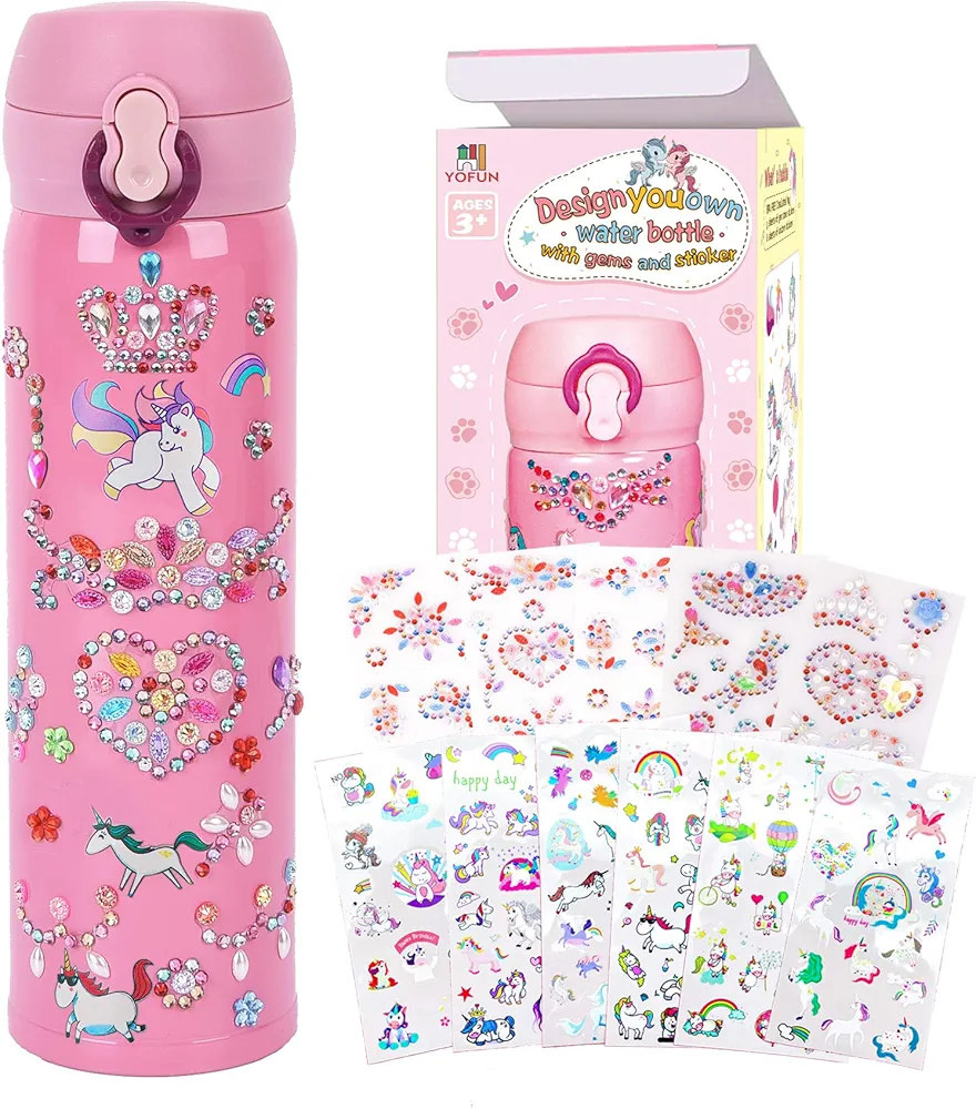 YOFUN Decorate Your Own Water Bottle with 11 Sheets of Unicorn Stickers & Glitter Gems, Craft Kit & Art Kit for Children, Gift for Girls Age 4 5 6 7 8 9 10 Years Old Kids, BPA Free Insulated (Pink)