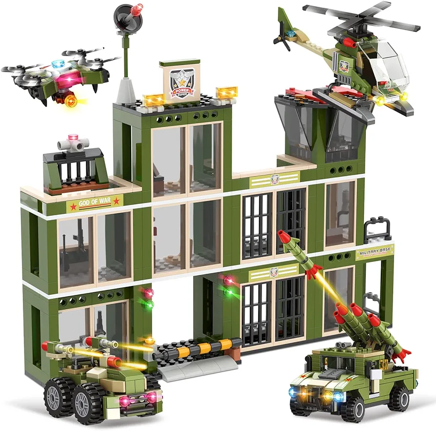 City War Military Army Station Building Blocks Set, Army Helicopter, Heavy Truck, Combat Vehicle, and Drone, Creative Military Brick Toy Best Gift for Kids, Boys Ages 6-12 (802 Pieces)