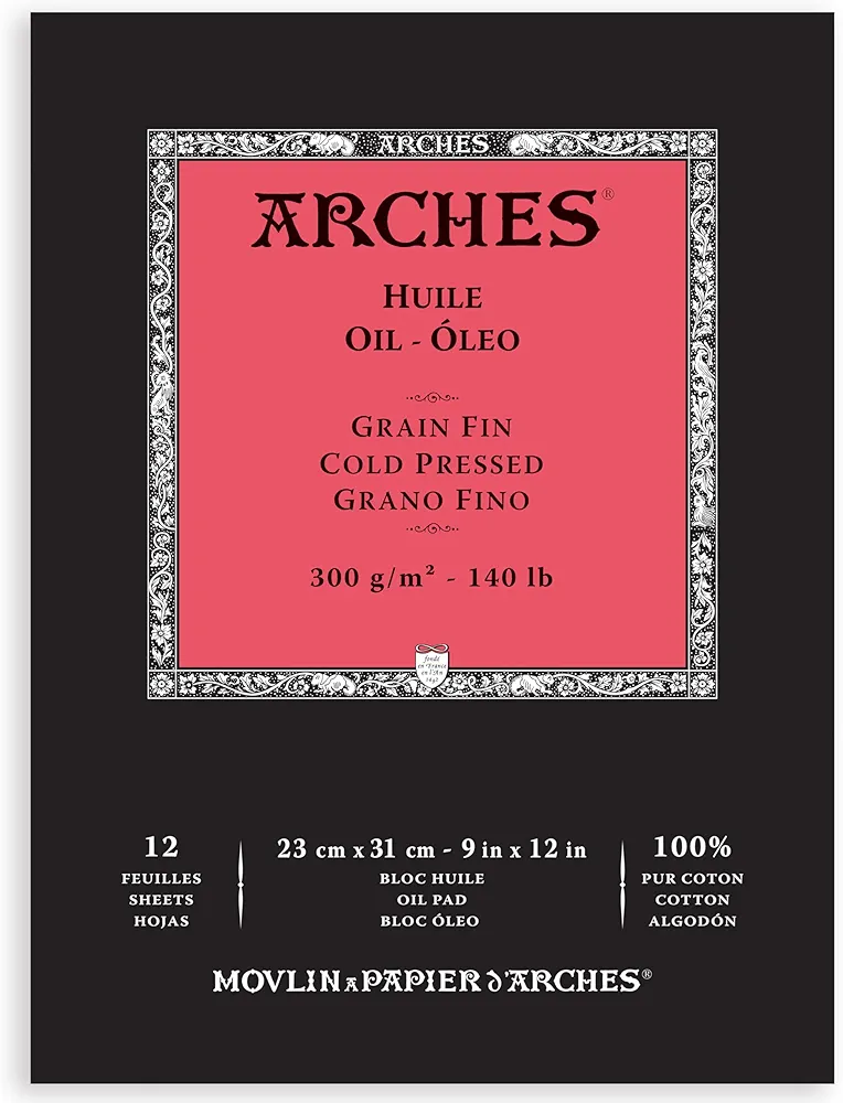 Arches Huile Oil Pad, Cold Pressed, 140lb/300gsm, 12 Sheet, 9x12 inch, Arches Oil Paper 100% Cotton