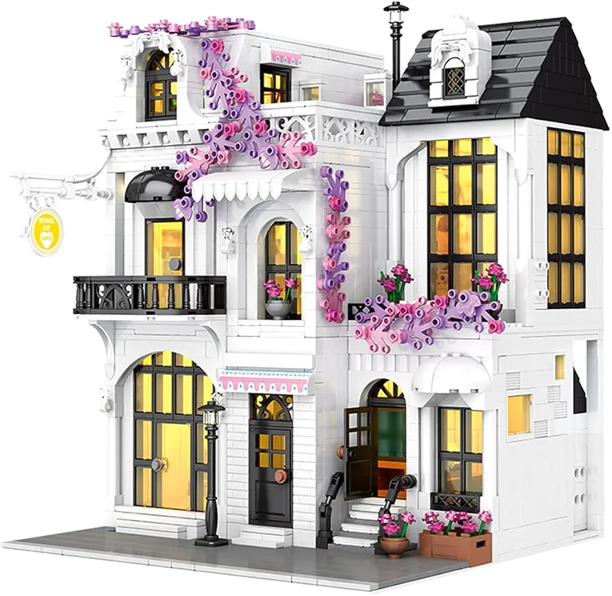 2053Pcs City Street View European Flower Garden Street Bricks Model with Light Set, MOC Creative DIY Simulation Architecture Small Particle Construction Collection Building Toy 24 x 24 x 32cm