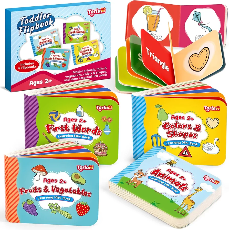 Toddler Learning Books, My First Library Flipbook Learning First Words, Fruit & Vegetable, Animal, Color and Shape Toys, Mini Board Books Set Toddler Activity Book Learning Activities, 4 Pcs