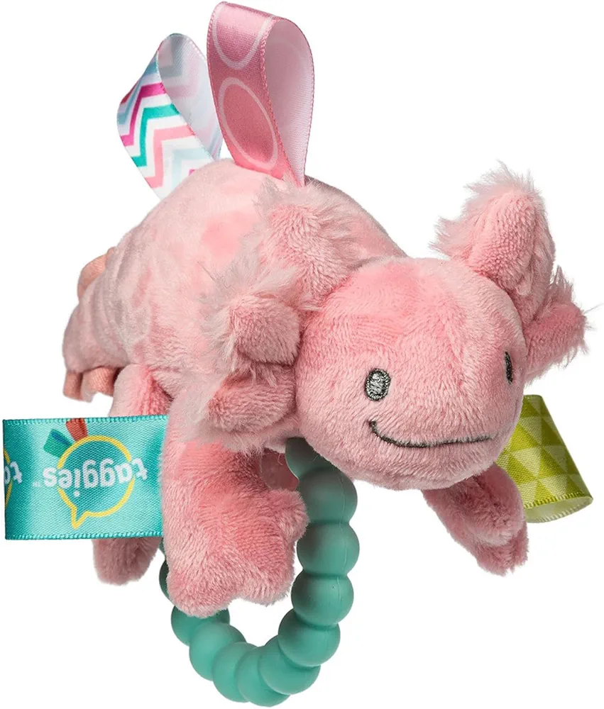 Soft Baby Rattle with Soothing Teether Ring and Sensory Tags, 6-Inches, Lizzy Pink Axolotl