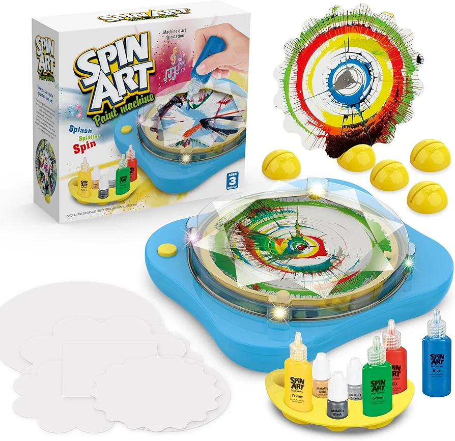 Paint Spin Art Machine Kit for Kids,Arts and Crafts Gifts Set for Boys & Girls Ages 4-8,Battery Operated Spinner Painting Toys,Light & Music,Flexible Splatter Guard,Detachable and Washable