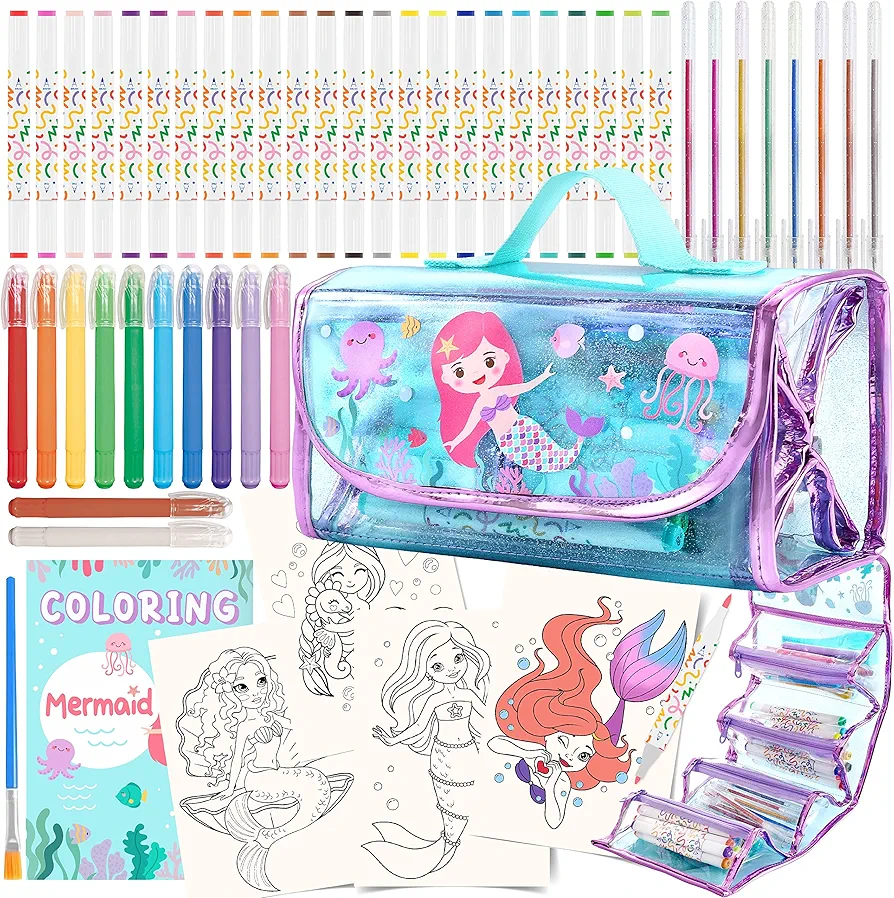 66 Pcs Washable Markers Set for Girls with Glitte Pencil Case, Birthday Gifts for Girls 4 5 6 7 8 Year Old, Coloring Set with Mermaid Coloring Pages