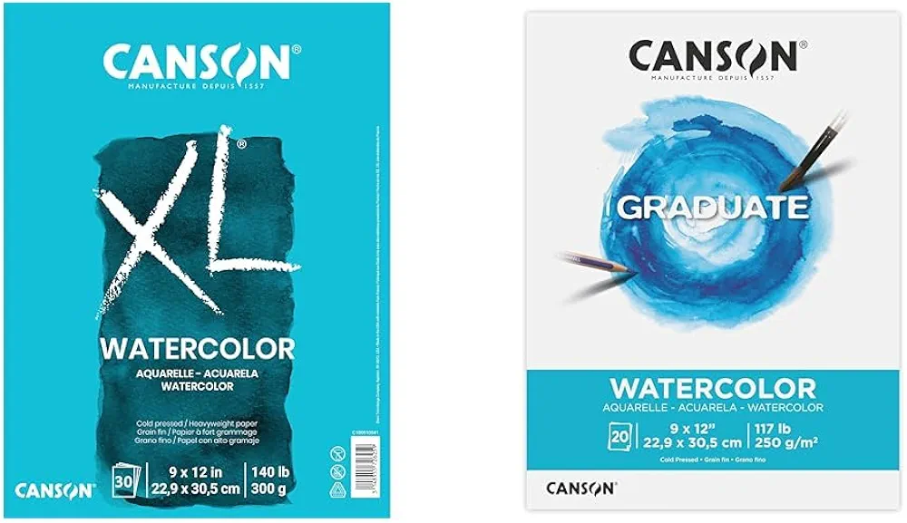 Canson Watercolor Pads, 30 Sheets 9x12 inch Cold Press Pad with 20 Sheets 9x12 inch Graduate Student Pad