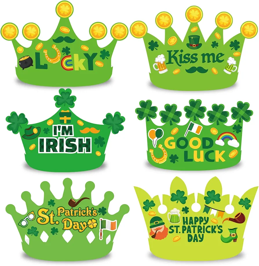 24 Sets of St. Patrick's Day Crown Crafts Kit for Kids St. Patricks Day DIY for Irish Party Shamrock Clover Paper Hat Decorations Saint Patrick's Day Classroom Supplies Favors