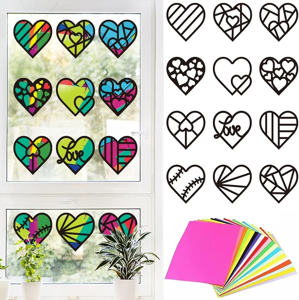 PLIGREAT 12 Pieces Love Theme Suncatchers Craft Kit DIY Window Glass Art Kit with Colored Paper for Classroom Creative Window Art Party Favors Spring Summer Suncatcher Crafts Kit