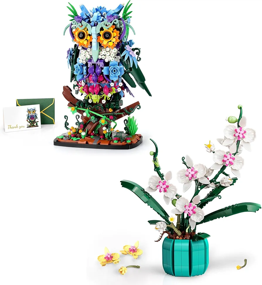 JOJO&Peach MOC Creative Flower & Owl Animal Model Set, Orchid Bonsai Flowers for The Home or Office