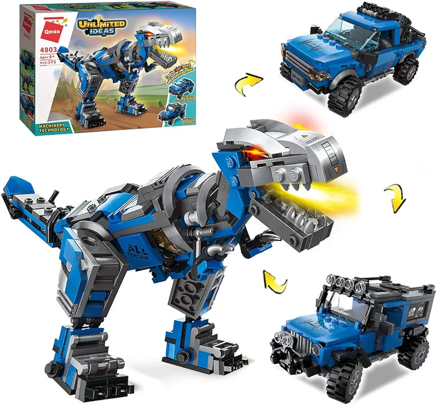 QMAN 3in1 Building Blocks Toy for Kids 6-12, Mechanical T-Rex Pickup Trucks Off-Road Vehicle Building Kit, Educational Toy Gifts for Boys