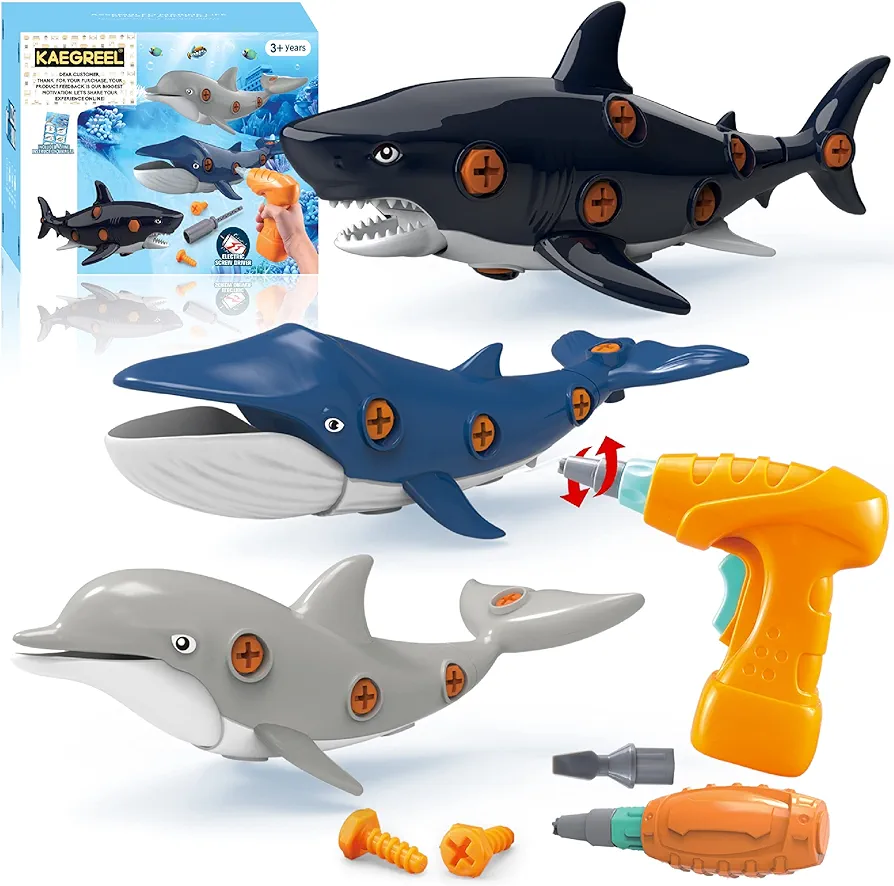 KAEGREEL Take Apart Shark Toys for Kids, Construction Take Apart Ocean Fish Toys with Electric Drill Screwdrivers, STEM Learning Building Toys for Boys Girls Birthday Gift Aged 3 4 5 6 7 8 Year Old