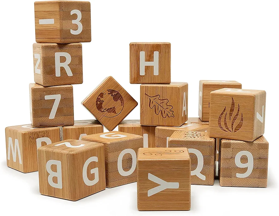 Kinderfeets: Bamboo ABC Blocks - 18pc Set, Build & Stack Toy, Blocks with Letters-Numbers-Symbols, Count & Categorize, Toddler & Kids Ages 12mo+