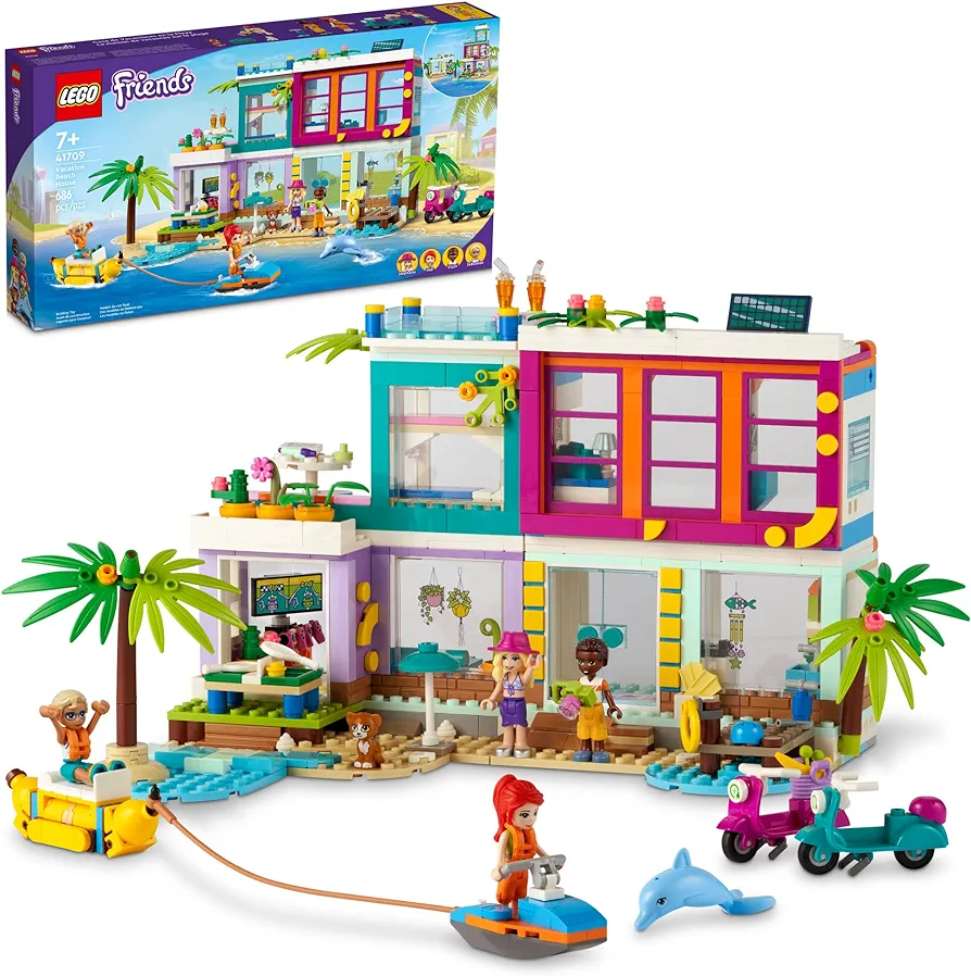 LEGO Friends Vacation Beach House 41709 Building Kit; Gift for Kids Aged 7+; includes a Mia Mini-Doll, Plus 3 More Characters and 2 Animal Figures to Spark Hours of Imaginative Role Play (686 Pieces)