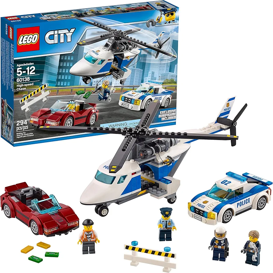 LEGO City Police High-Speed Chase 60138 Building Toy with Cop Car, Police Helicopter, and Getaway Sports Car (294 Pieces)