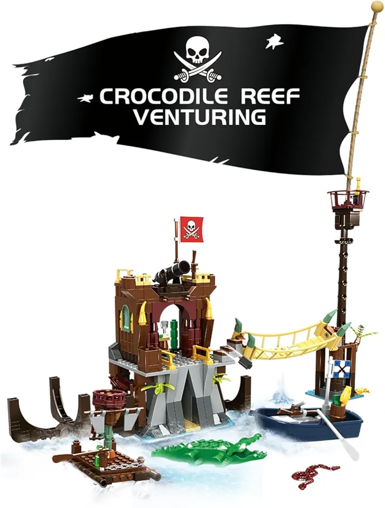 Treasure Island Pirates Building Sets, 442PCS Pirate Ship Building Brick Toy Set Themed Display Model Room Decor Gifts for Kids Boys 6+