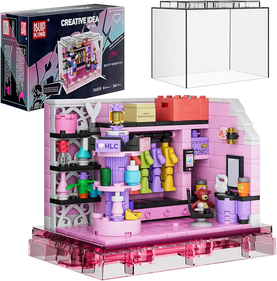 Mould King Miniature Building Sets Make-up Store Building Sets with LED Lights, Miniature House Building Kit, Mini City Beauty Shop Building Blocks, MOC Building Toys for Adults and Kids 8+(388PCS)