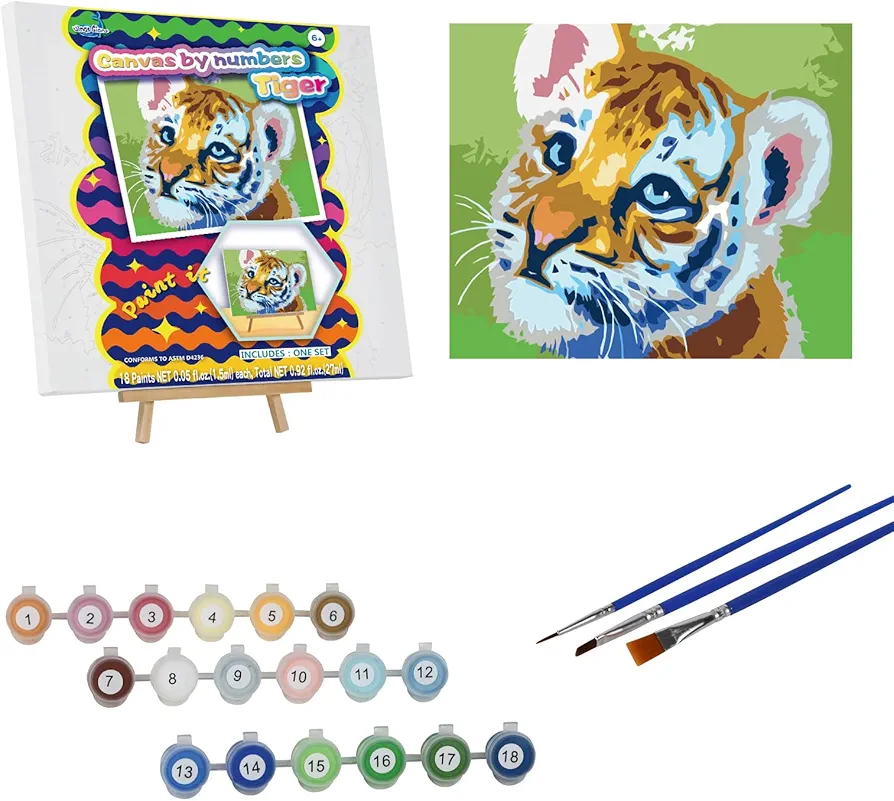 Paint-by-Numbers-Kit-for-Kids Ages 4-8, Cartoon Tiger Theme, (12 x 14 inch) Framed Canvas, Arts and Crafts for Kids 4-6, Kids Crafts Ages 4-8, Art Supplies for Kids, Girls Craft, Gift for Boy Age 8-12