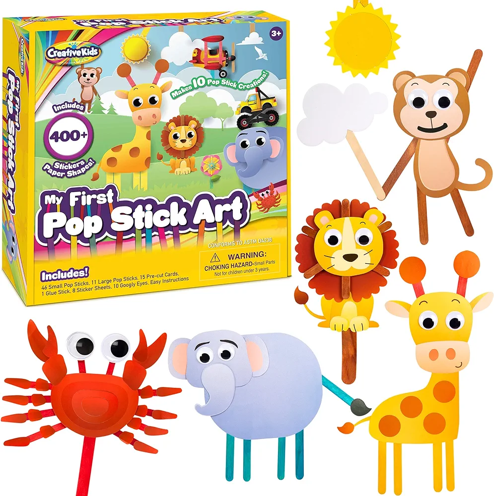 Creative Kids Preschool Crafts for Kids Create 12 Pop Stick Art Figures with 400+ Stickers & Punch Outs Toddler Art Set, Fine Motor Activities for Toddlers Arts and Crafts for Kids Age 3+