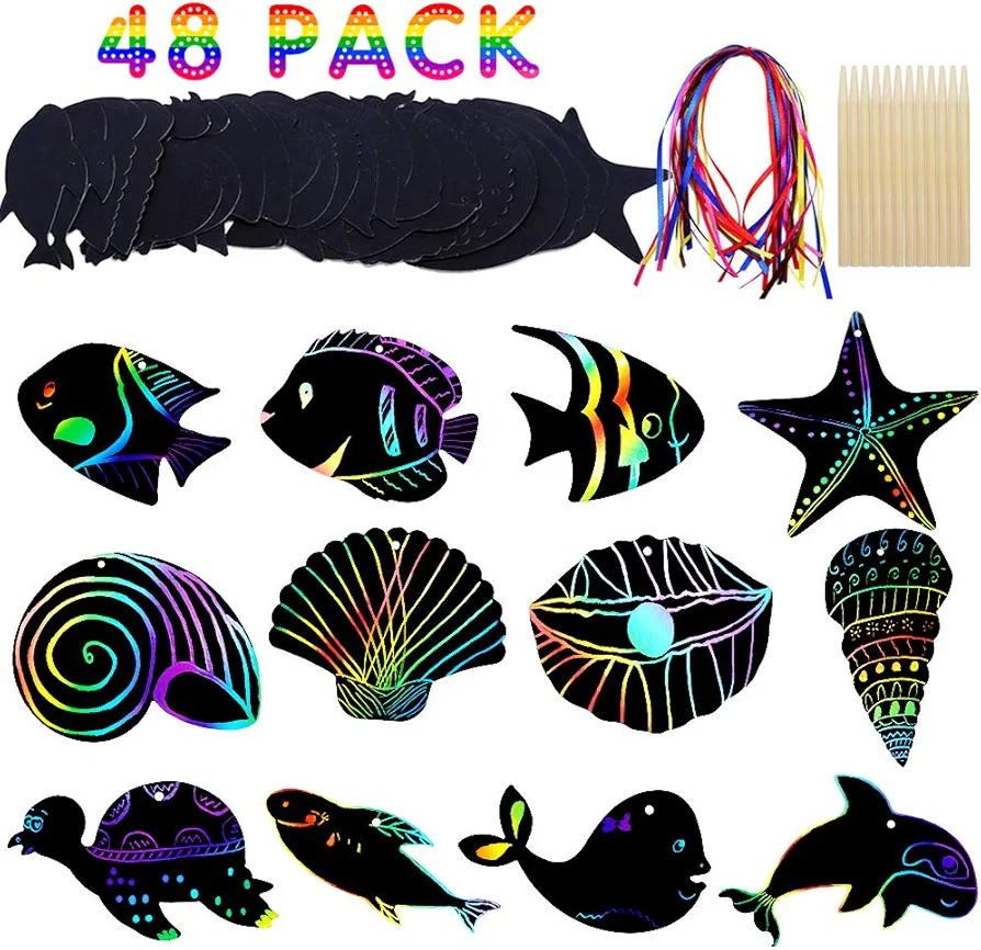 Scratch Art Card – Sea World Theme DIY Birthday Party Supplies Favor - Rainbow Color Scratch Art With Wooden Styluses Ribbon – Shell Dolphin Starfish Tortoise Classroom Ornaments Craft Kit (48 Pack)1