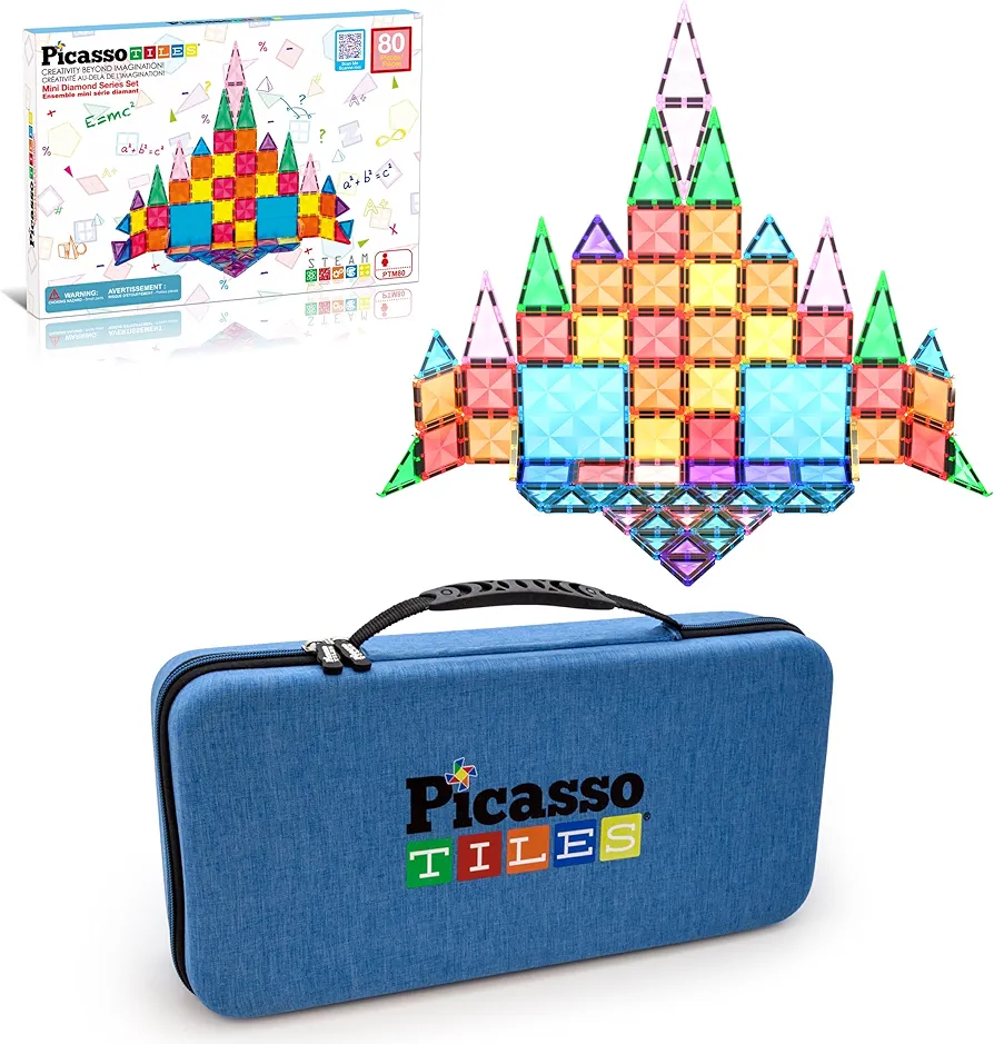 PicassoTiles 80PC Magnetic Diamond Tiles + Carry Case Bundle: STEAM Educational Playset for Kids Includes Travel Storage Organizer - Fun Learning Construction Toy, Creative Design, Sensory Development