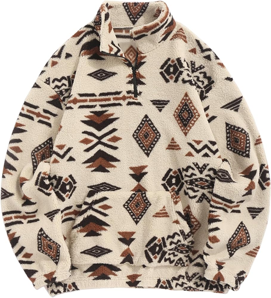 ZAFUL Mens 1/4 Zipper Fleece Sherpa Pullover Sweatshirt Ethnic Aztec Printed Kangaroo Pocket Fall Winter Unisex Hoodie Tops