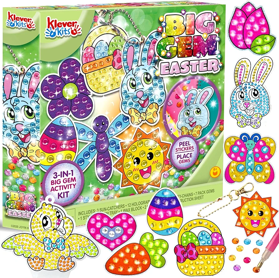 Easter Craft Gem Painting Kits DIY Diamond Painting Kit with Suncatchers Keychains Gem Art Kits for Kids Girls with Easter Arts and Crafts Supplies, Creativity Activities, Easter Party Decorations