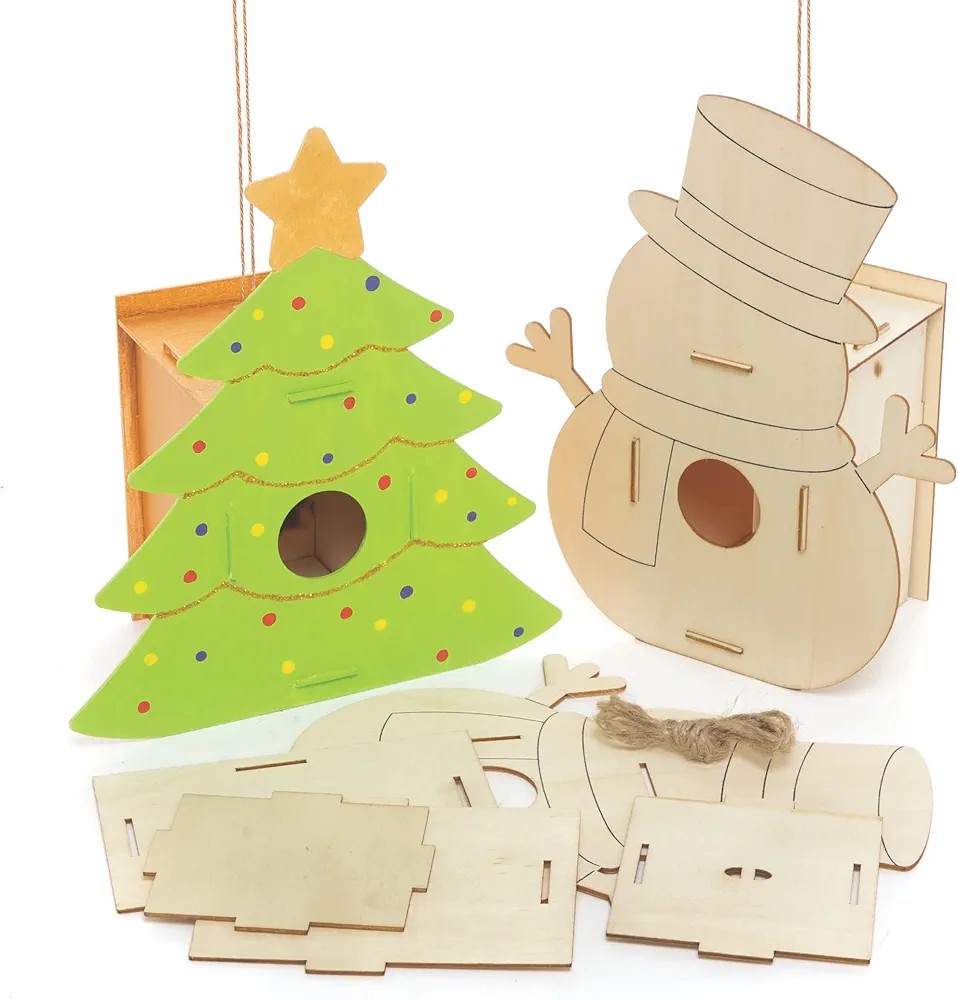 Baker Ross FC167 Christmas Wooden Bird House Kits - Pack of 2, Wood Crafts to Decorate and Display, Garden Crafts for Personalized Arts and Crafts Projects, Make Your Own for Kids