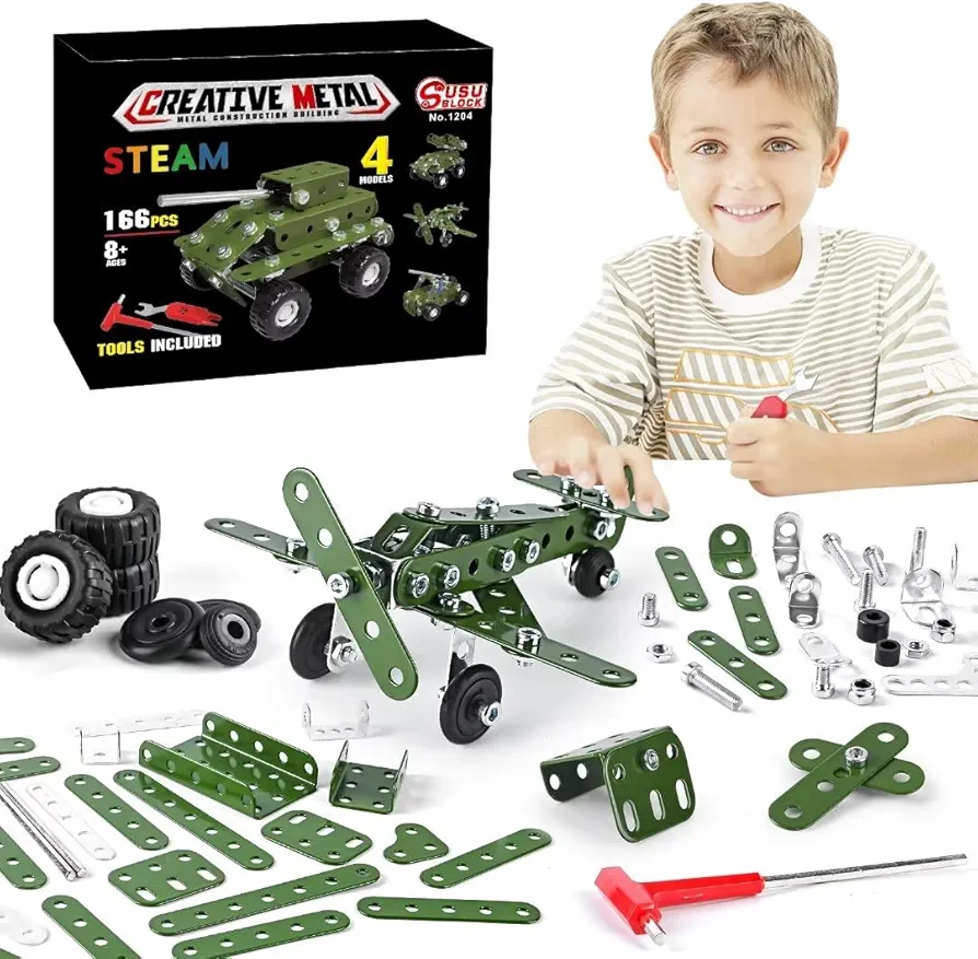 Metal Building Military Series Assembly Toys,Small Erector Set for Kids Ages 4-8, Military Toys for Boys Age 8-12,STEM Toy Gifts for Model Military Kit(166pcs No Motor)