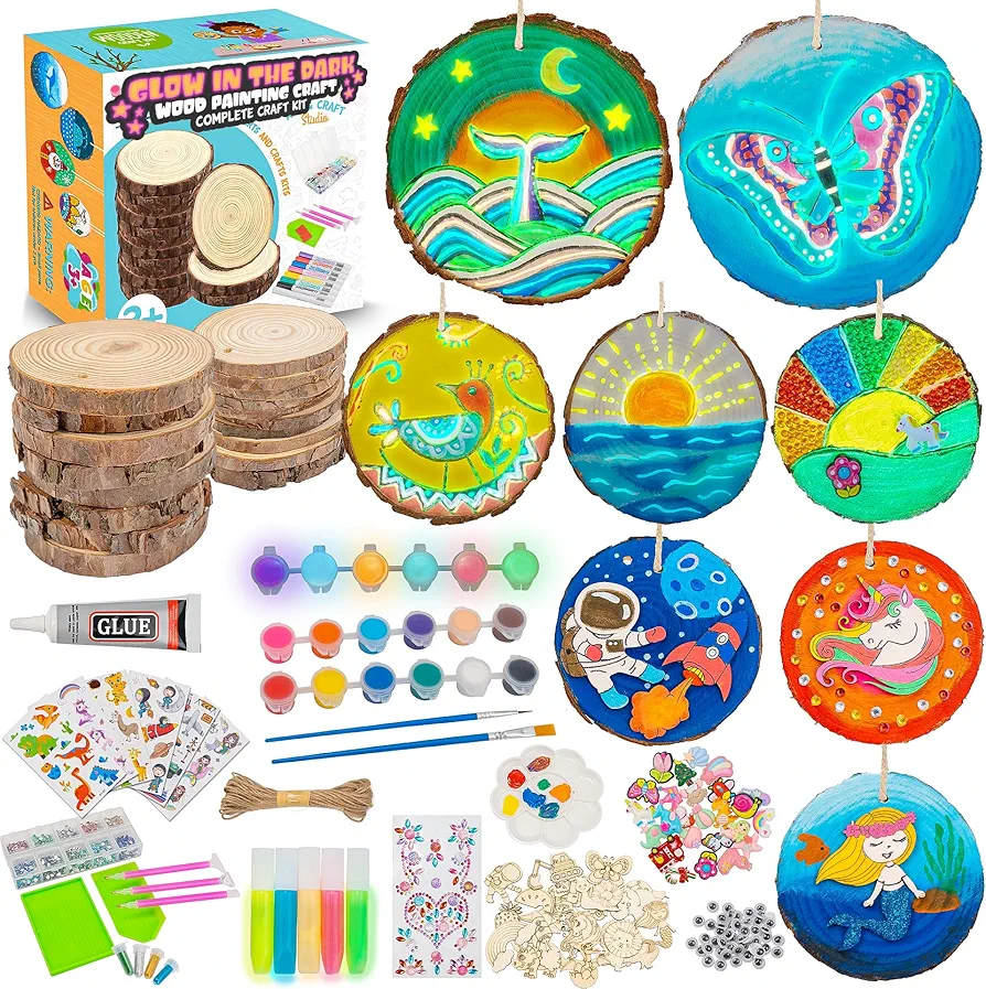 FTBox Wooden Crafts Kit, Glow-in-The-Dark Arts & Crafts Christmas Gifts for Boys Girls Ages 4-12, Wood Slice Craft with Diamond Craft Kits, Creative Art Toys for 6 7 8 9 10 11 12 Year Old