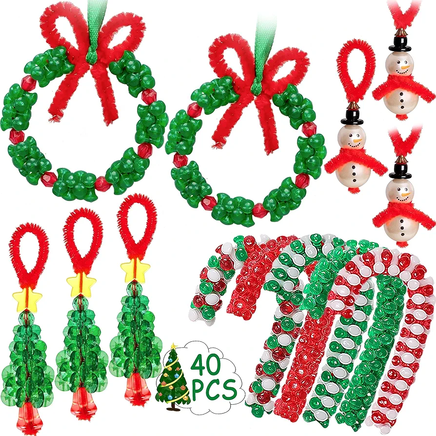 Christmas Crafts for Kids Adults Families, Beaded Ornament Kit to Make Wreath Candy Cane-Xmas Holiday Tree Decorations Party Supplies, 40 Pieces