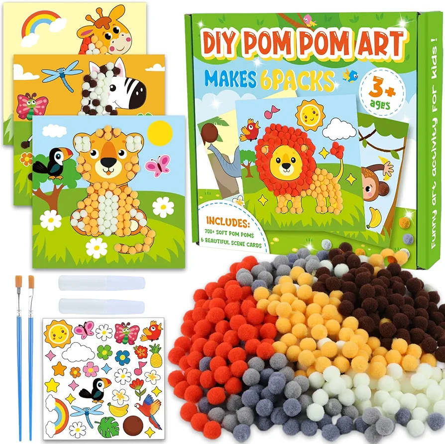 6 Packs Pom Poms Art Crafts for Kids Ages 2-6 Toddlers Art Crafts Kit Projects, Easy Art Craft Sensory Projects DIY Creative Jungle Safari Activity Gifts for Boys & Girls