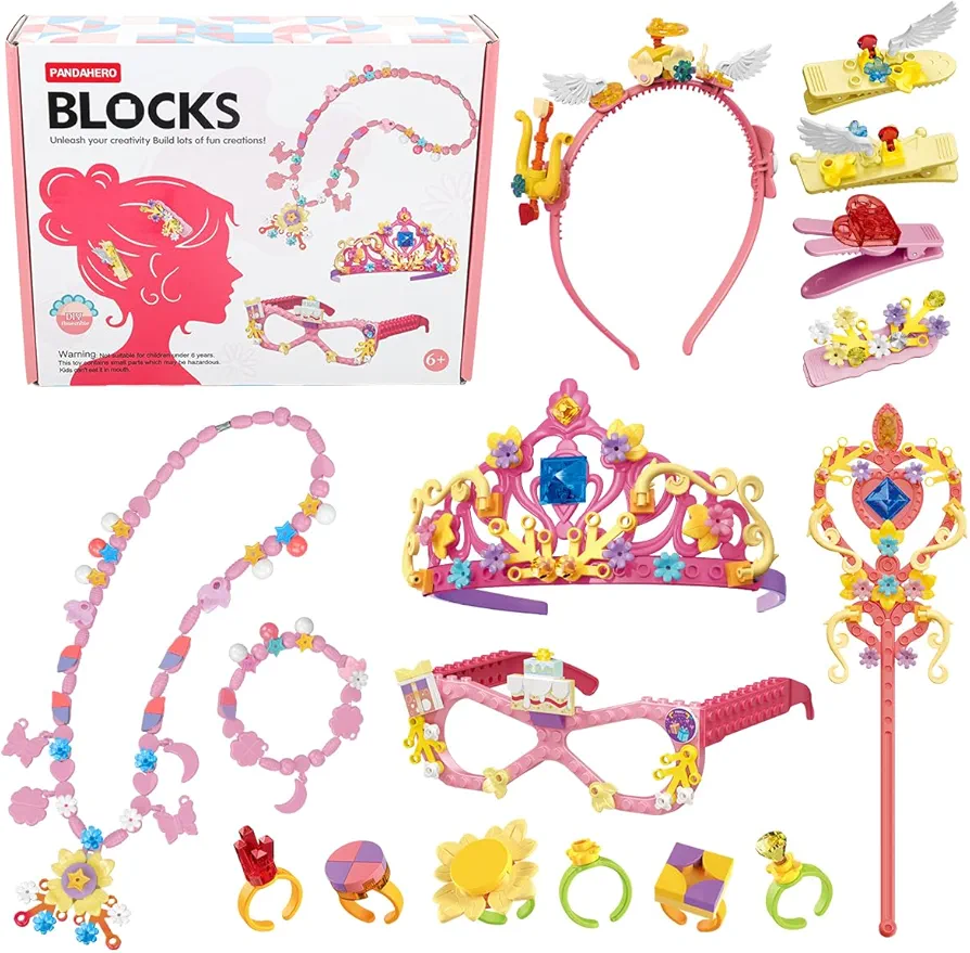 Building Blocks Toys Set for Kids Creative DIY Stacking STEM Educational Toys Fun Preschool Building Toy includes Necklaces, Bracelets, Rings, Crown, Glasses, Hairpins, Wand