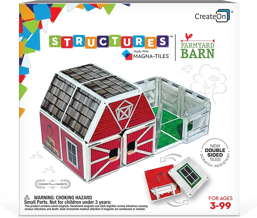 CreateOn Magna-Tiles Structure-Building Set for Kids, Farmyard Barn Magnetic Tiles, Magnetic Building Toys, STEM Toys for Boys and Girls Ages 3+, 29 Pieces